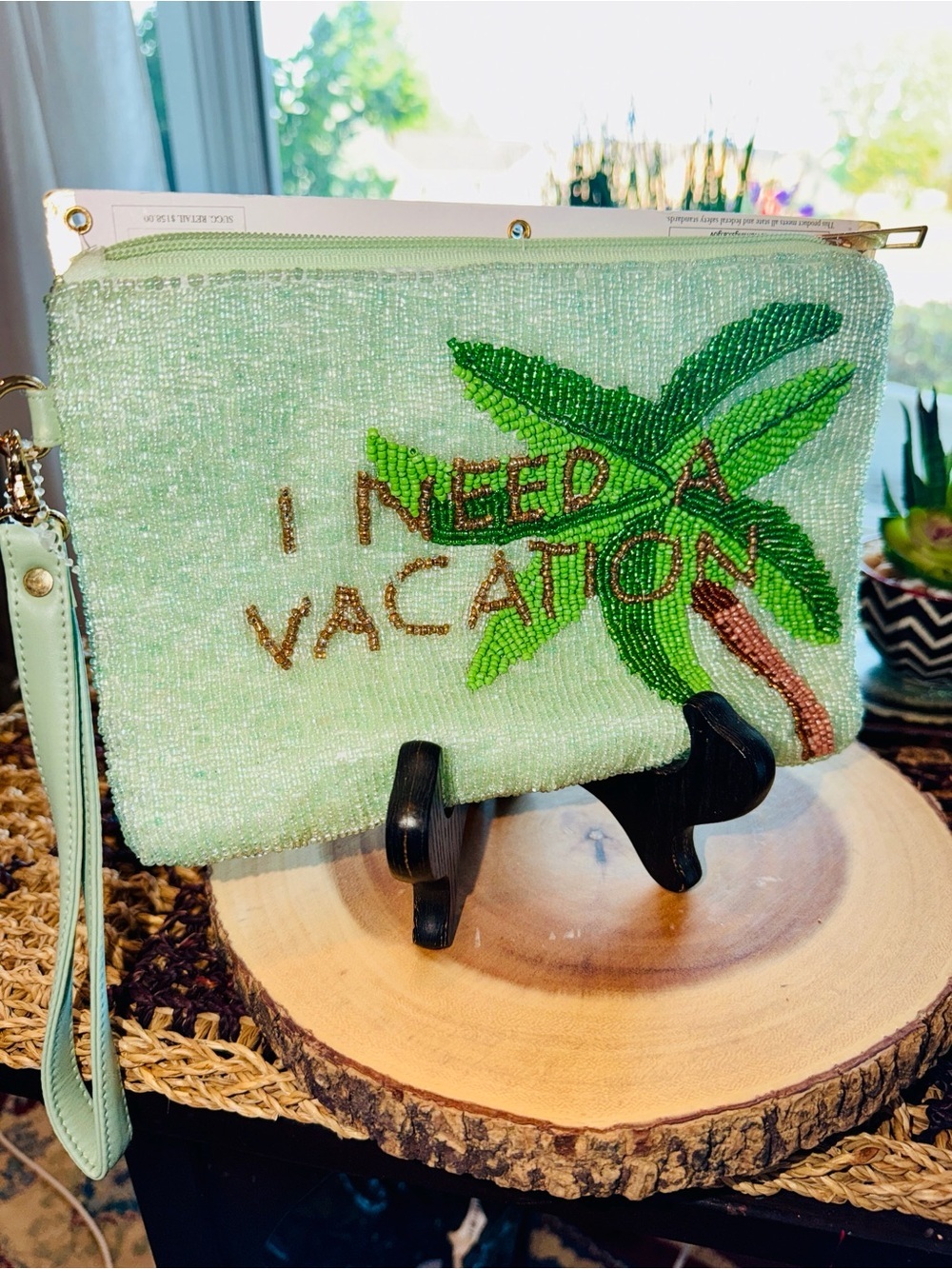 House of Harlow 1960 Beaded Travel Pouch Need A Vacation Green NWT $158